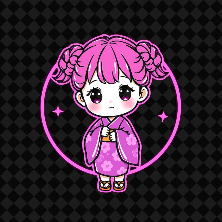 PSD kawaii chibi ragazza con panini gemelli intrecciati stile di moda tradizionale kimono indossando una patta floreale
