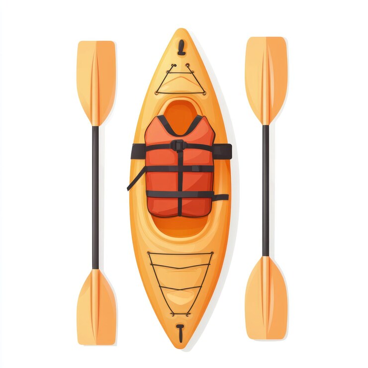 PSD kayak amarillo con dos paletas y chaleco salvavidas