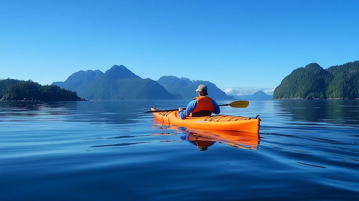 PSD kayaker remando en el agua tranquila del océano rodeado de montañas bajo un cielo azul claro