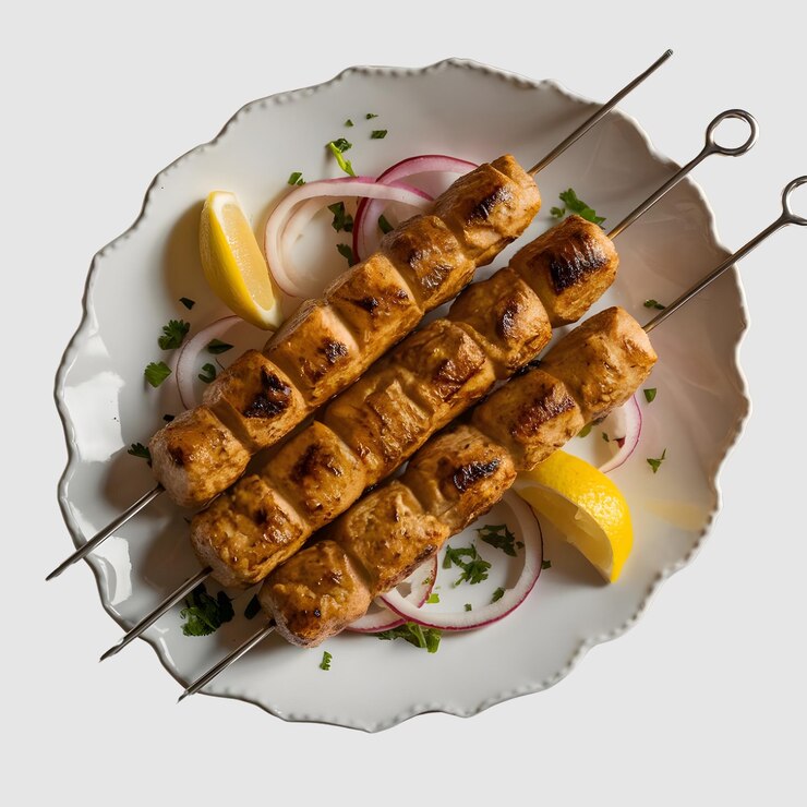 PSD kebab sabroso en 3d con limón y cebollas en un plato