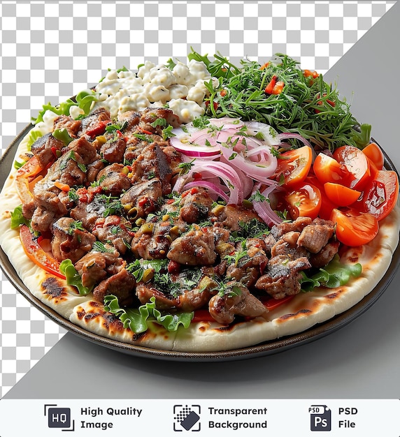 PSD kebap iskender transparent avec de la viande et des légumes sur une assiette