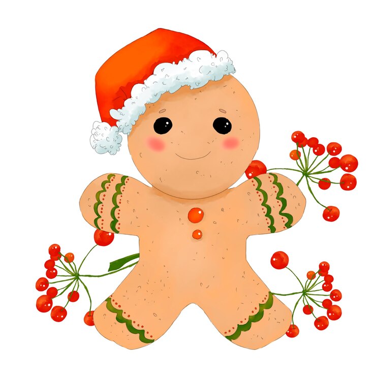 PSD kekse ingwerbrot mann mann in einer roten mütze desser mit roten beeren weihnachts aquarell digital illust