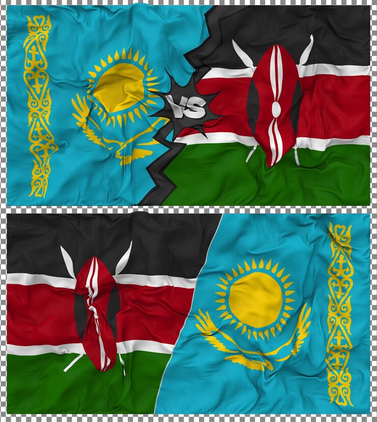 PSD kenia contra kazajstán media bandera combinada con textura 3d de la tela