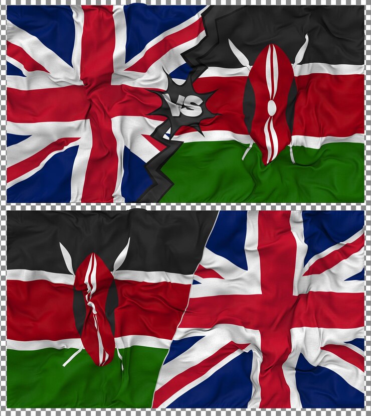 PSD kenia contra el reino unido media bandera combinada tejido bump textura renderización 3d