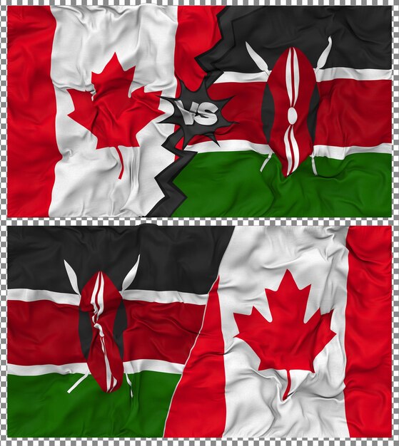 Kenia gegen Kanada Halbkombinierte Flagge Stoff Bump Textur 3D-Rendering