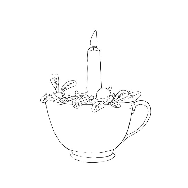 PSD kerze in einer tasse mit mistelblättern und beeren schwarz-weiße illustration