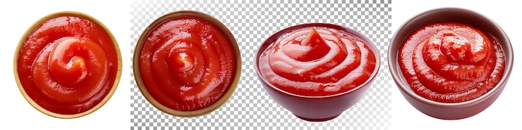 PSD ketchup rojo fresco en varios cuencos y platos