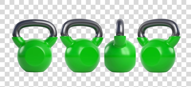 Kettlebell de metal verde isolado em fundo branco Vista de todos os lados Treinos de ginástica e fitness 3D