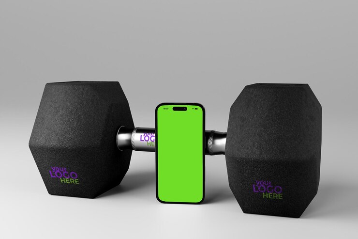 PSD kettlebell y mancuernas teléfono móvil maqueta pantalla gimnasio ajuste fitness ejercicio entrenamiento atletismo