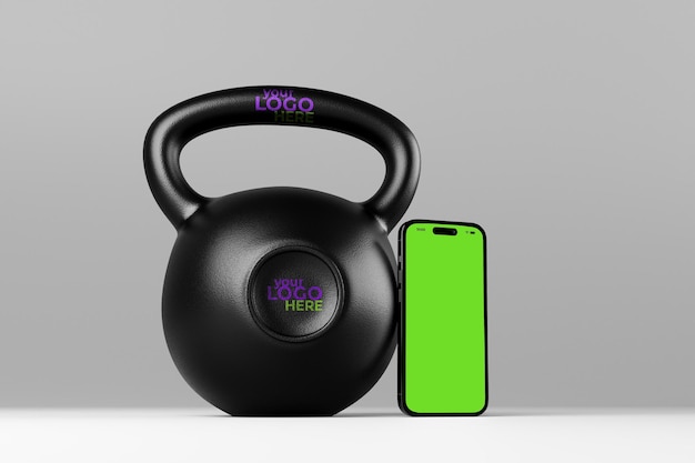 Kettlebell y mancuernas teléfono móvil maqueta pantalla gimnasio ajuste fitness ejercicio entrenamiento atletismo