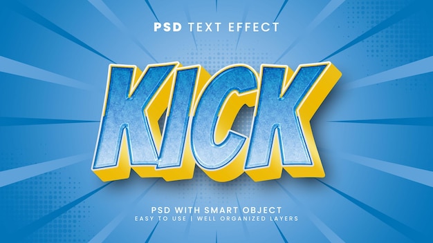 Kick efecto de texto editable en 3d con estilo de texto de dibujos animados y fútbol