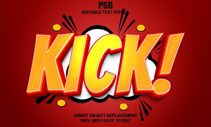 PSD kick efecto de texto editable 3d con fondo psd premium