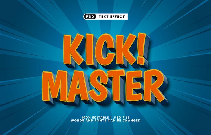 PSD kick master efecto de texto editable con un estilo de texto de deporte y fútbol