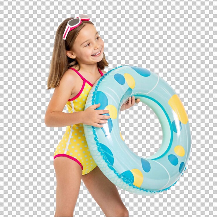 kid in swimsuit inside inflatable ring