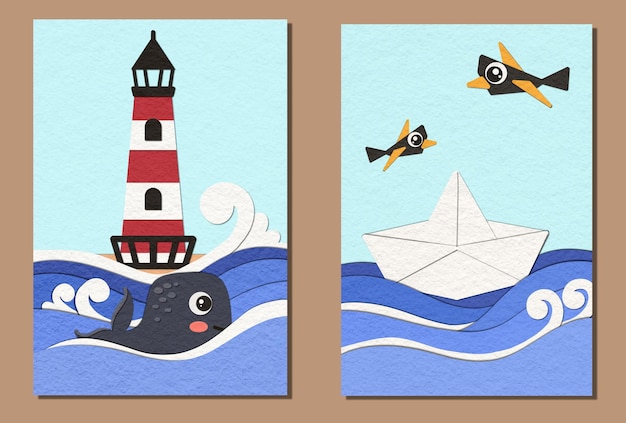Kids wall art illustration Choppy seascape with whale paper boat and lighthouse