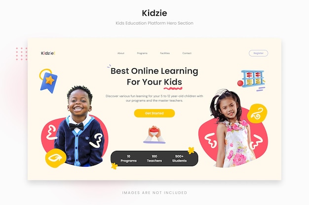 PSD kidzie - plantilla de sección de héroe de la plataforma educativa para niños coloridos