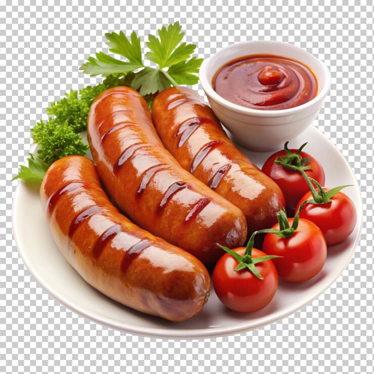 kielbasa con ketchup en un fondo transparente
