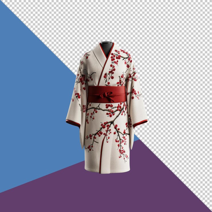 PSD kimono de crema elegante con bordado de flor de ciruela roja