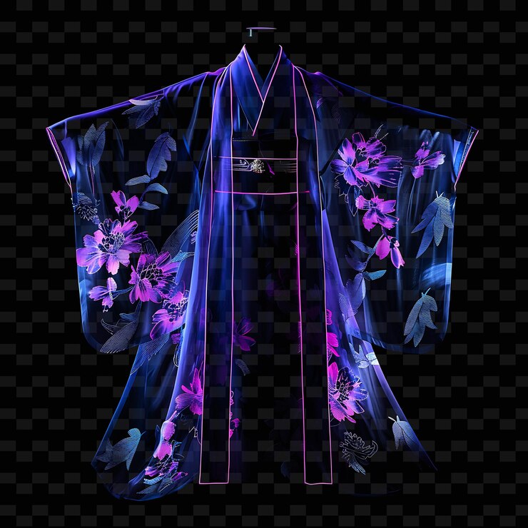 PSD kimono con patrón floral hecho con chifón de acetato brillante png ropa de moda de neón única