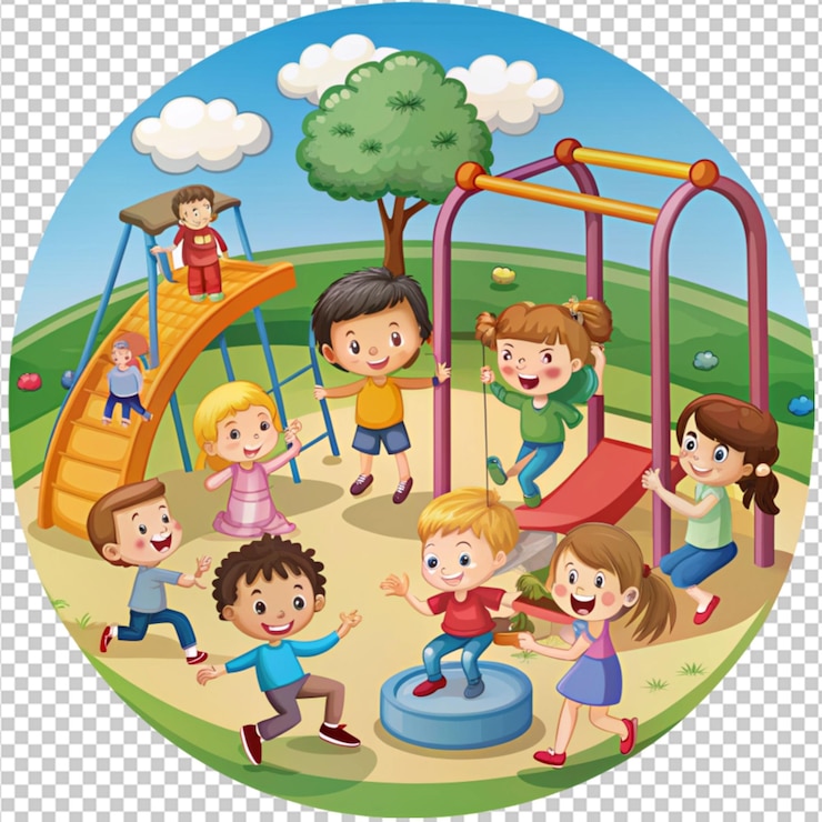 PSD kinder spielen auf dem spielplatz im park, zeichentrickfilm auf durchsichtigem hintergrund