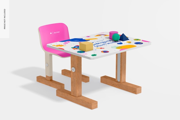 Kindergarten-Tisch und Stuhl Mockup Linke Ansicht