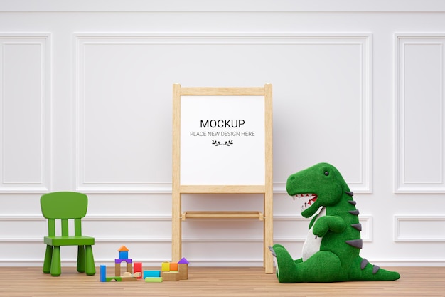 Kinderspielzimmer mit ausgestopften Spielzeugtieren und schreibendem Whiteboard 3d gerenderte Illustration