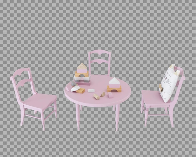 Kindertisch und Stühle in 3D-Rendering isoliert