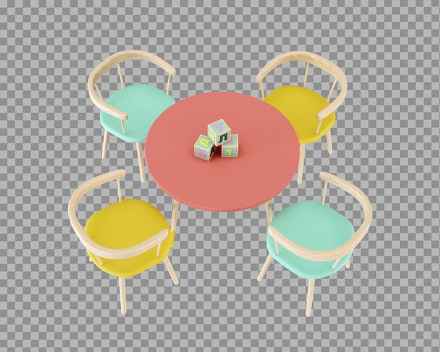Kindertisch und Stuhl in 3D-Rendering isoliert