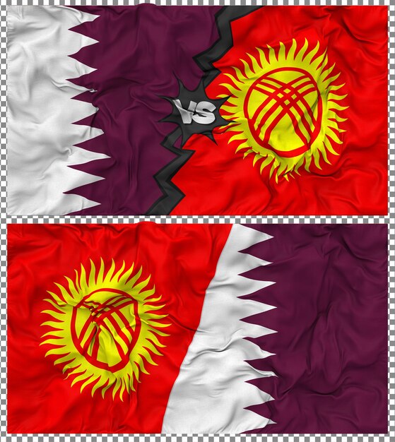 Kirgisistan gegen Katar Halbkombinierte Flagge Stoff-Bump-Textur 3D-Rendering