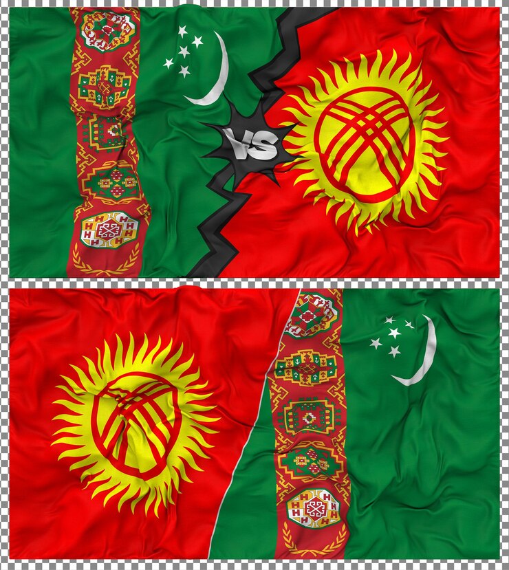PSD kirguistán contra turkmenistán media bandera combinada con textura de baches de tela y renderizado en 3d