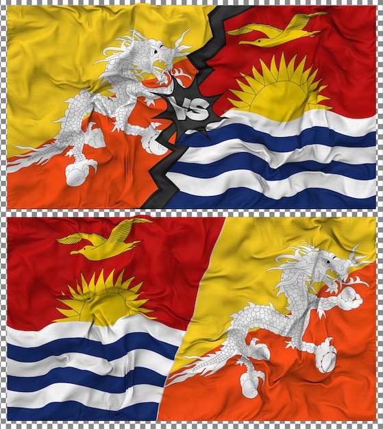 Kiribati contra Bután Media bandera combinada con textura 3D de la tela