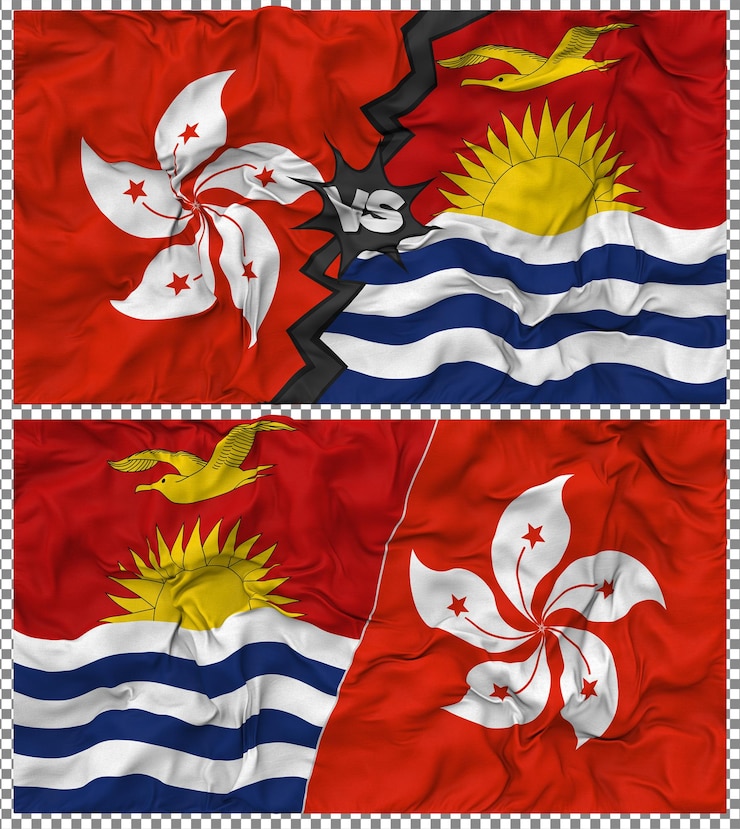 PSD kiribati versus hong kong meia bandeira combinada textura de tecido de bump renderização 3d