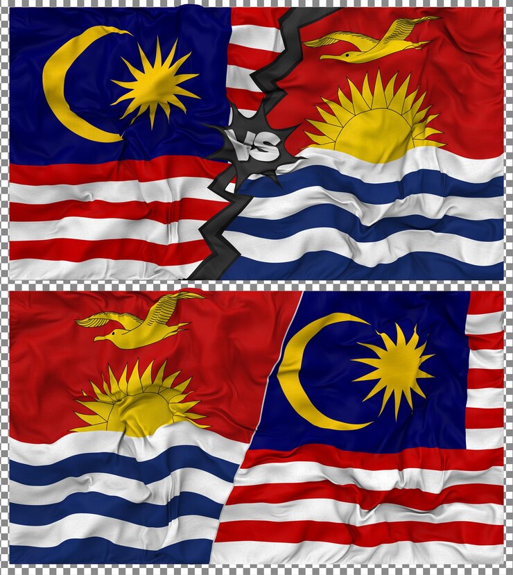 PSD kiribati vs malaysia half combined flag cloth bump texture 3d rendering
