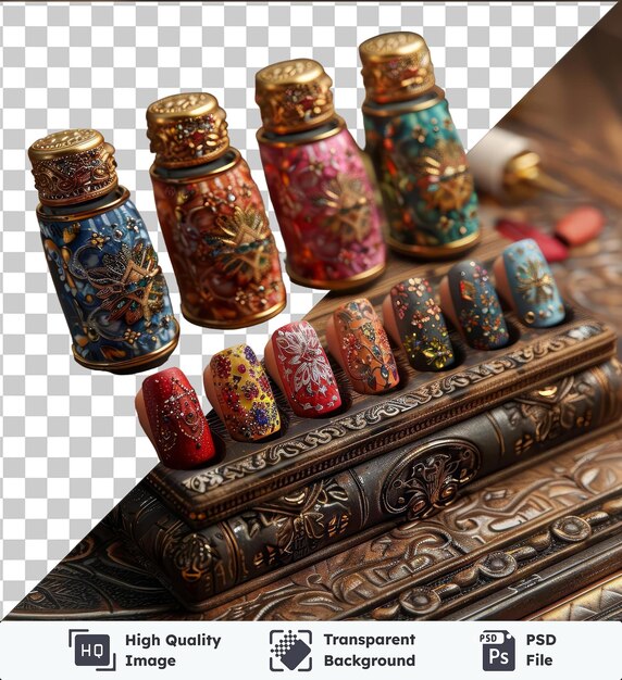 PSD kit d'art des ongles sur le thème de l'eid pour le ramadan exposé sur une table brune accompagnée d'un vase bleu