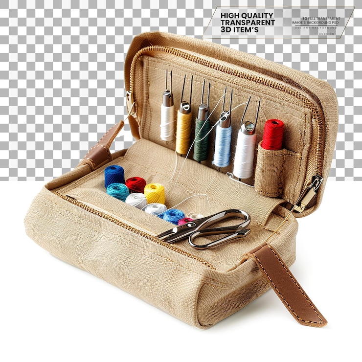 PSD kit de costura de viaje un pequeño kit que contiene elementos esenciales de costura sobre un fondo transparente
