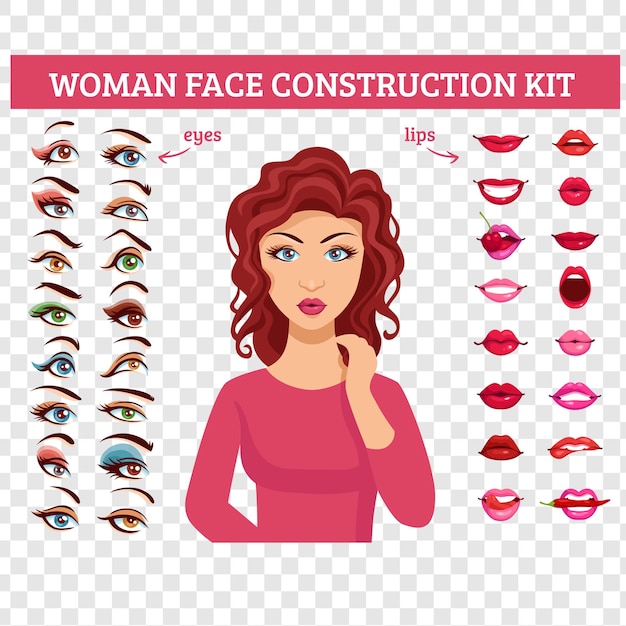 Kit de construção de rosto feminino isolado em fundo transparente
