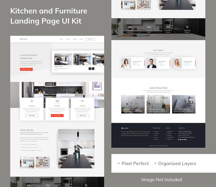 PSD kit de interface do usuário da página de destino para cozinha e móveis