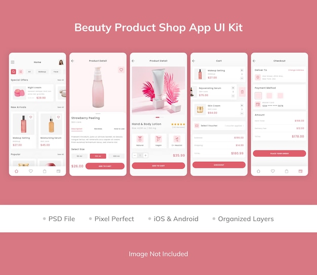 PSD kit de interface do usuário do aplicativo beauty product shop