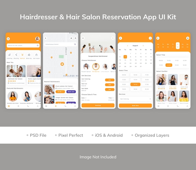 Kit de interface do usuário do aplicativo de reserva de cabeleireiro amp para cabeleireiro
