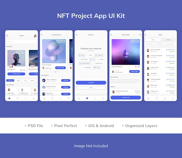 PSD kit de interface do usuário do aplicativo do projeto nft