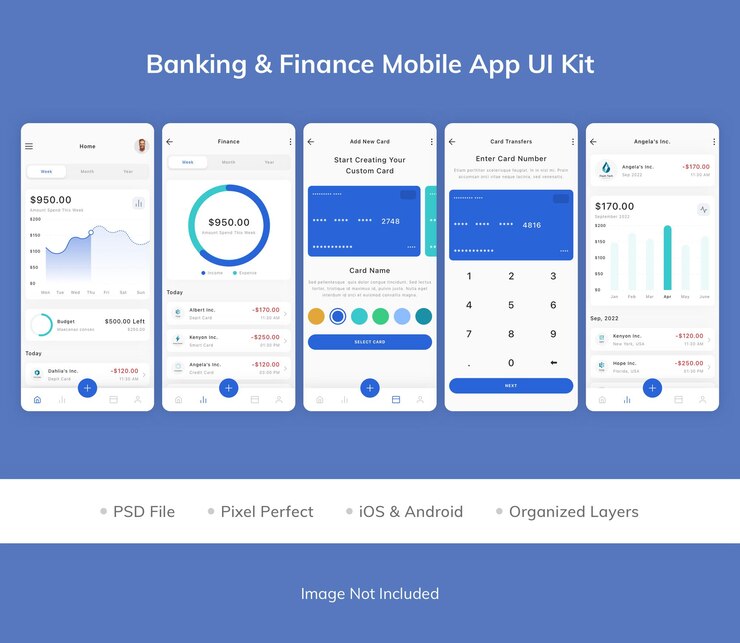 PSD kit de interface do usuário do aplicativo móvel de bancos e finanças