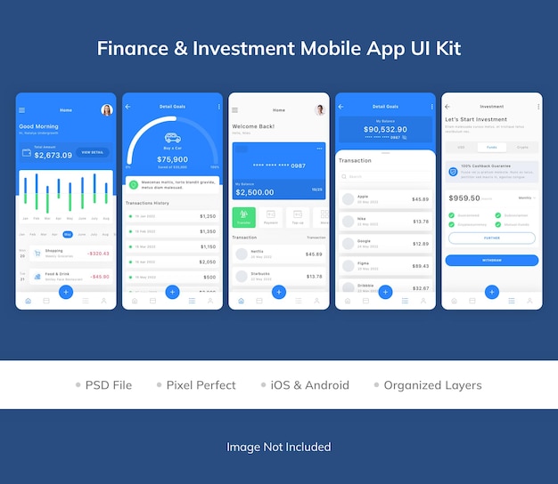 Kit de interface do usuário do aplicativo móvel de finanças e investimentos