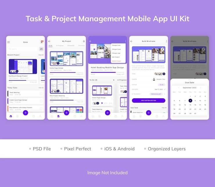 PSD kit de interface do usuário do aplicativo móvel de gerenciamento de tarefas e projetos