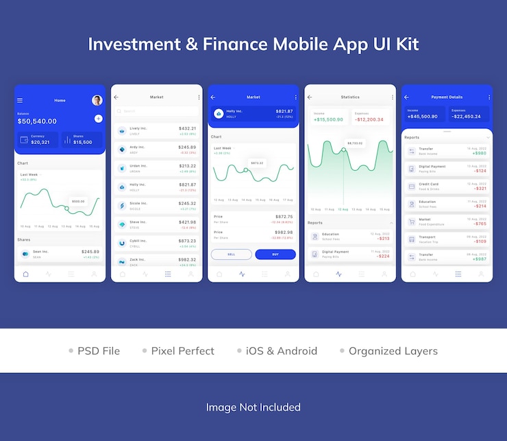 PSD kit de interface do usuário do aplicativo móvel de investimento e finanças