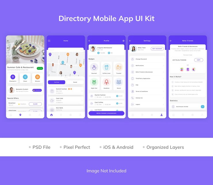 PSD kit de interface do usuário do aplicativo móvel do diretório