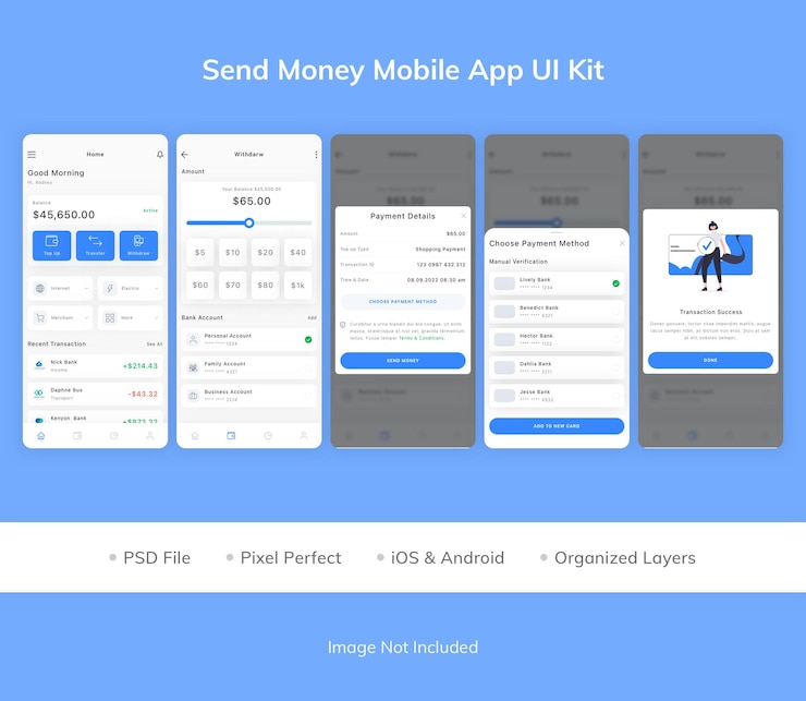 PSD kit de interface do usuário do aplicativo móvel enviar dinheiro
