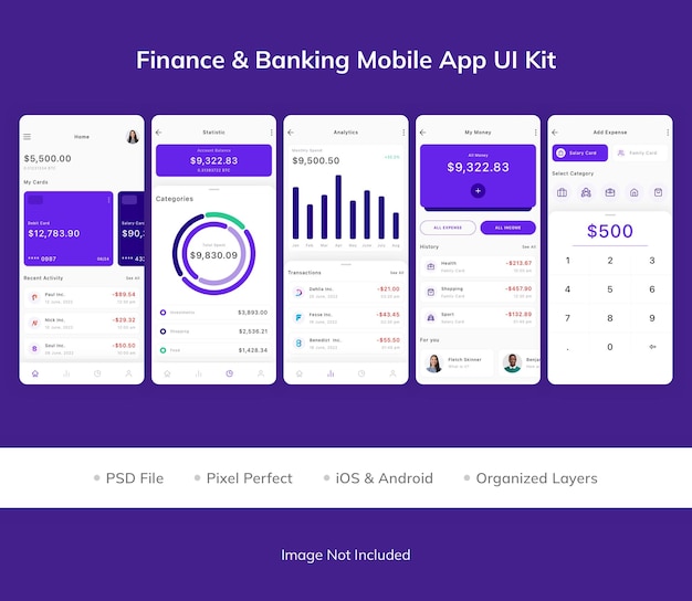 Kit de interface do usuário do aplicativo móvel financeiro e bancário