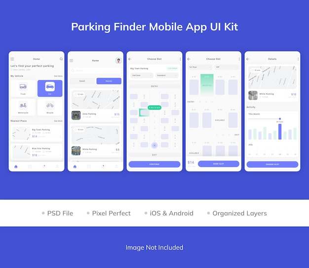 Kit de interface do usuário do aplicativo móvel localizador de estacionamento