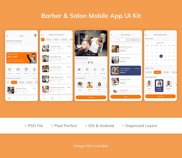 PSD kit de interface do usuário do aplicativo móvel para barbeiro e salão de beleza