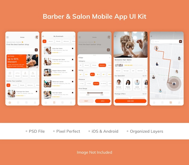 Kit de interface do usuário do aplicativo móvel para barbeiro e salão de beleza